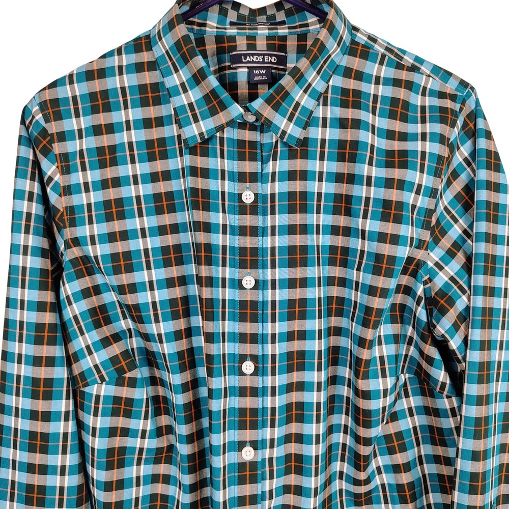 Lands End Womens SZ 16W Plaid Button Down Shirt Teal Supima Cotton Preppy